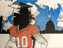 Part of a wall mural featuring a football player in a graduation cap